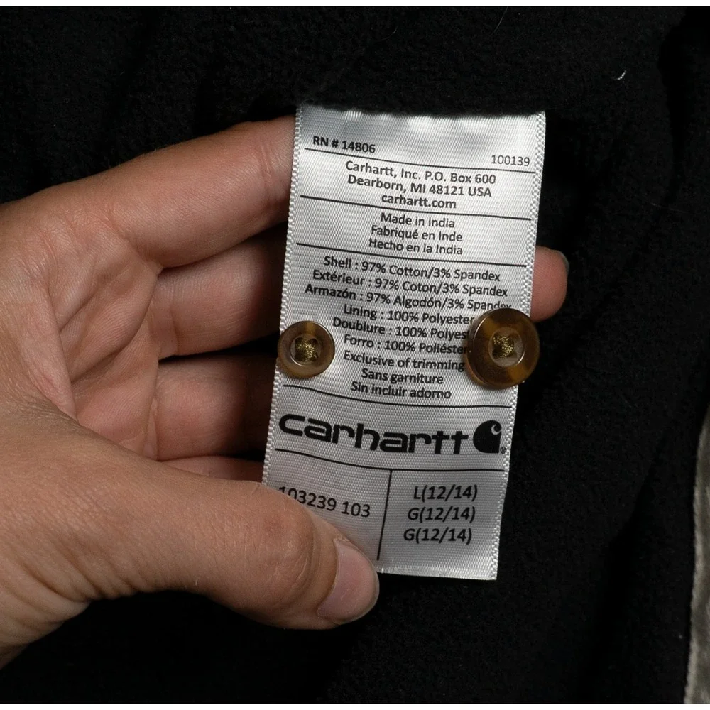 Carhartt Hubbard Sherpa-Lined Shirt Jacket Black Grey Plaid 103239 Kids L 12/14